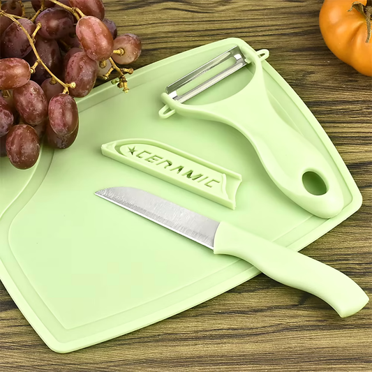 Fresh cut Mint Green chopping board, with knife and peeler